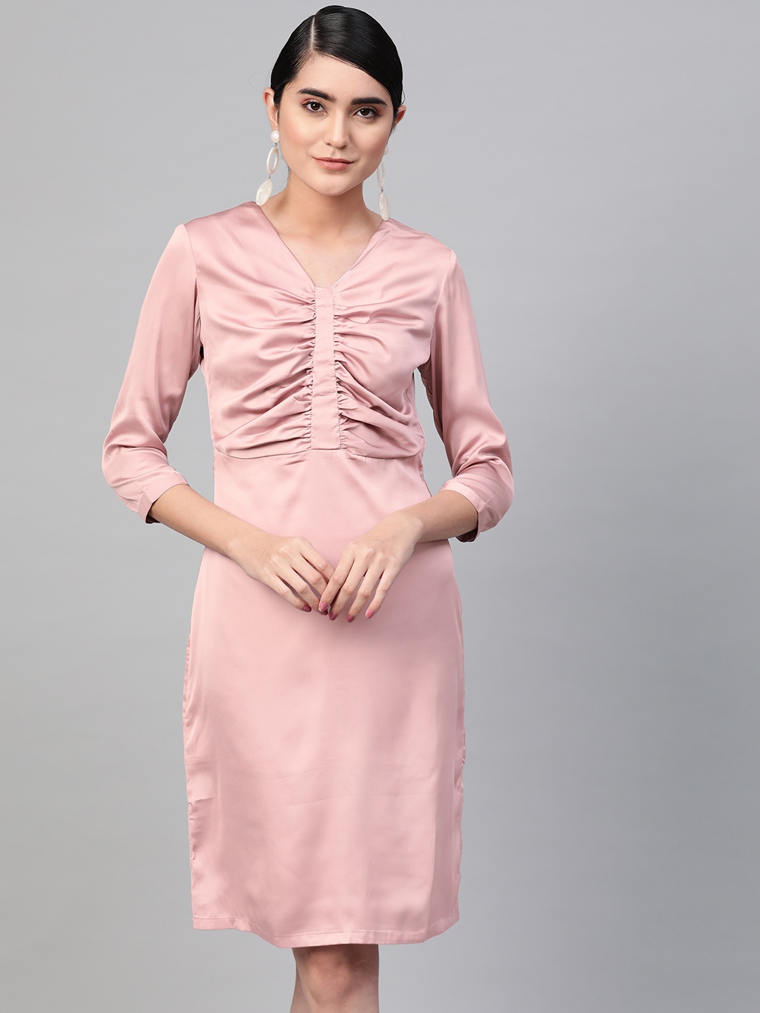 

RUNWAYIN Women Pink Satin Finish Solid A-Line Dress