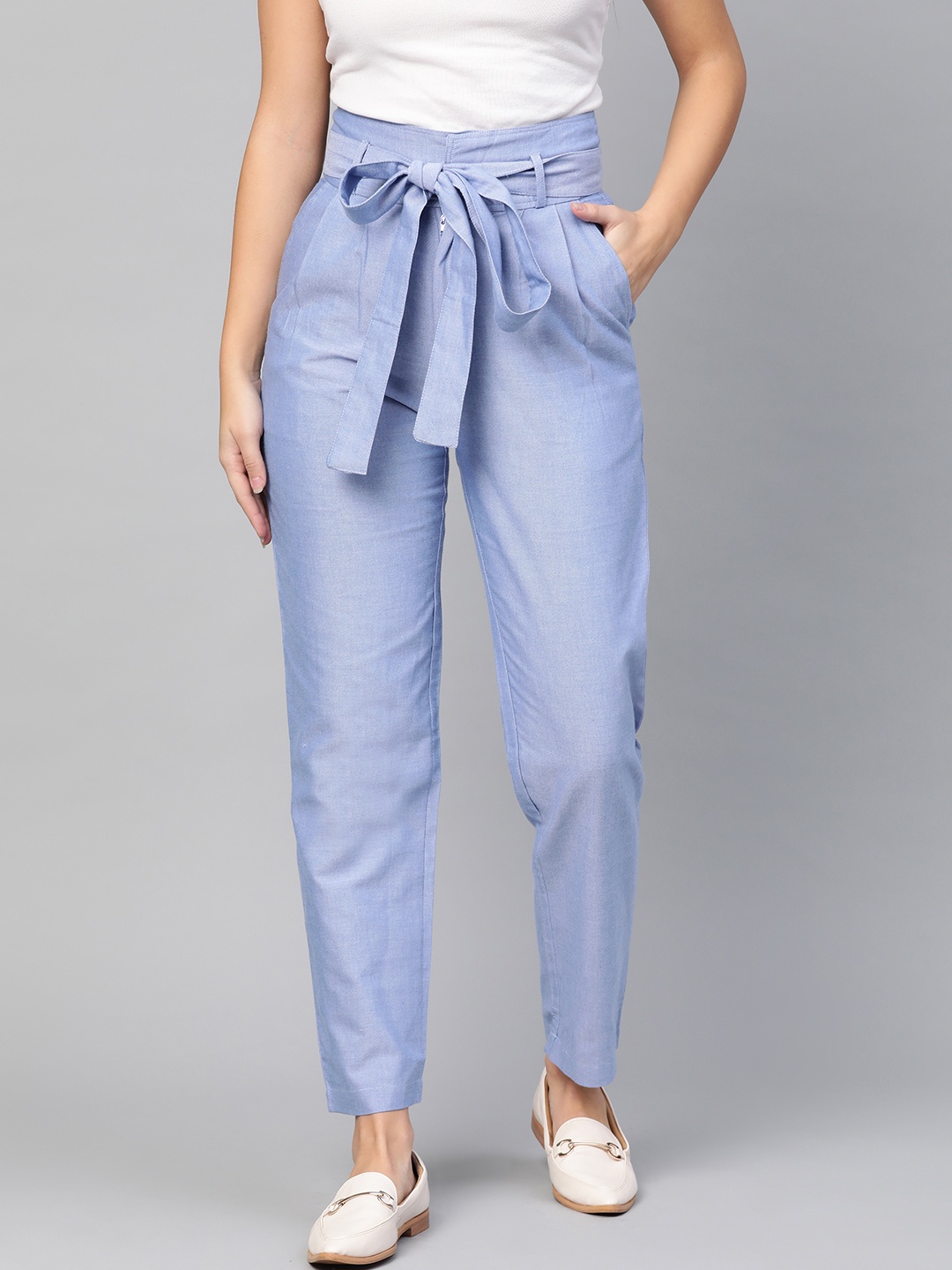 

RUNWAYIN Women Blue Comfort Loose Fit Solid Peg Trousers