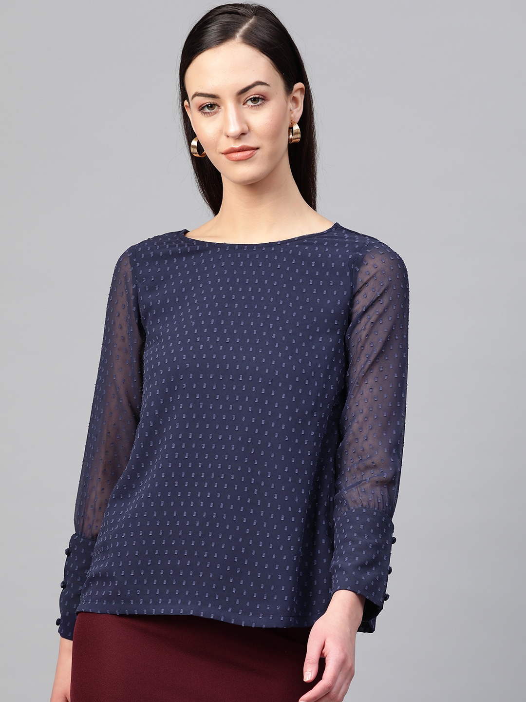 

RUNWAYIN Women Navy Blue Self-Design Top