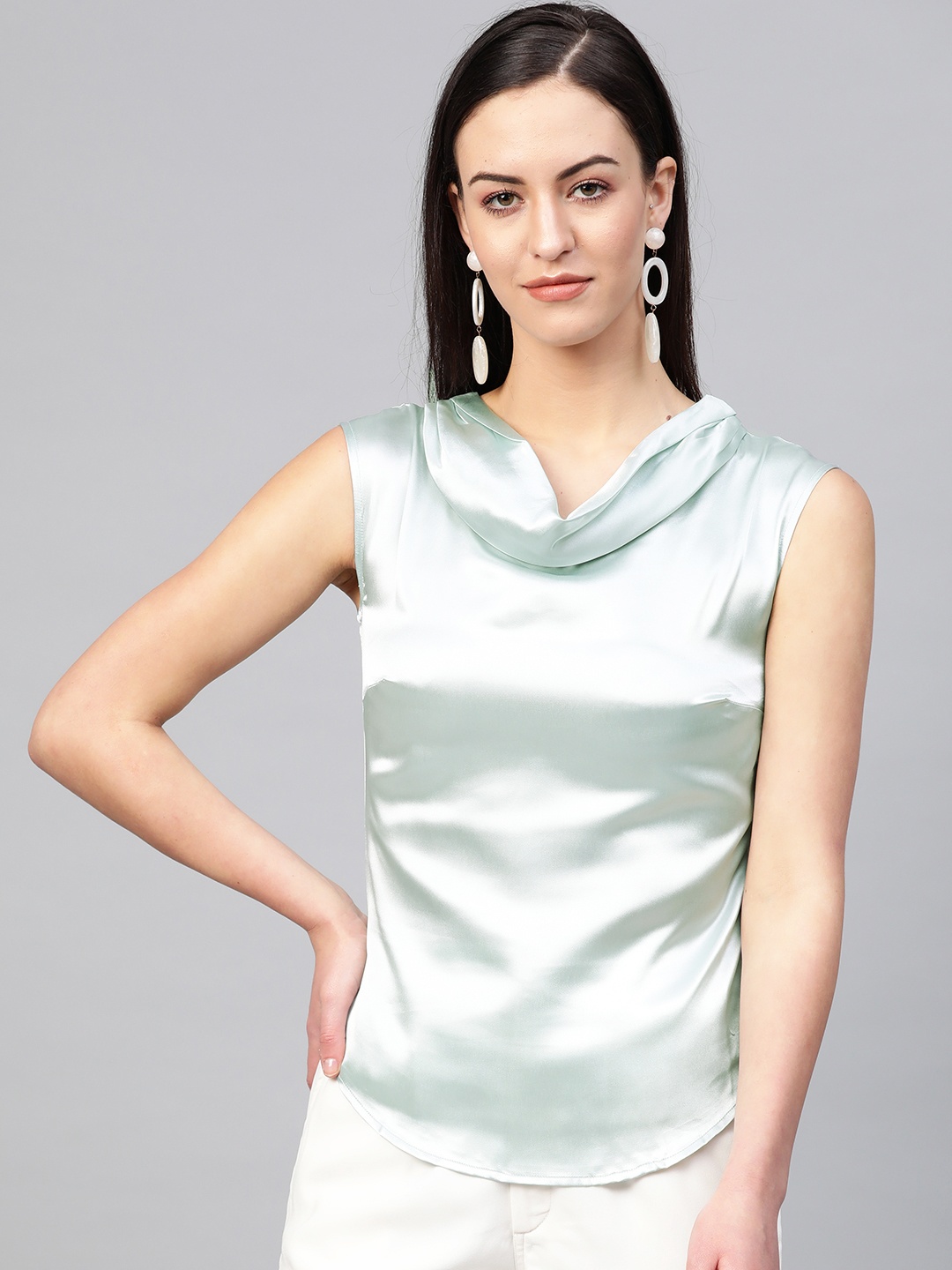 

RUNWAYIN Women Blue Satin Finish Solid Top