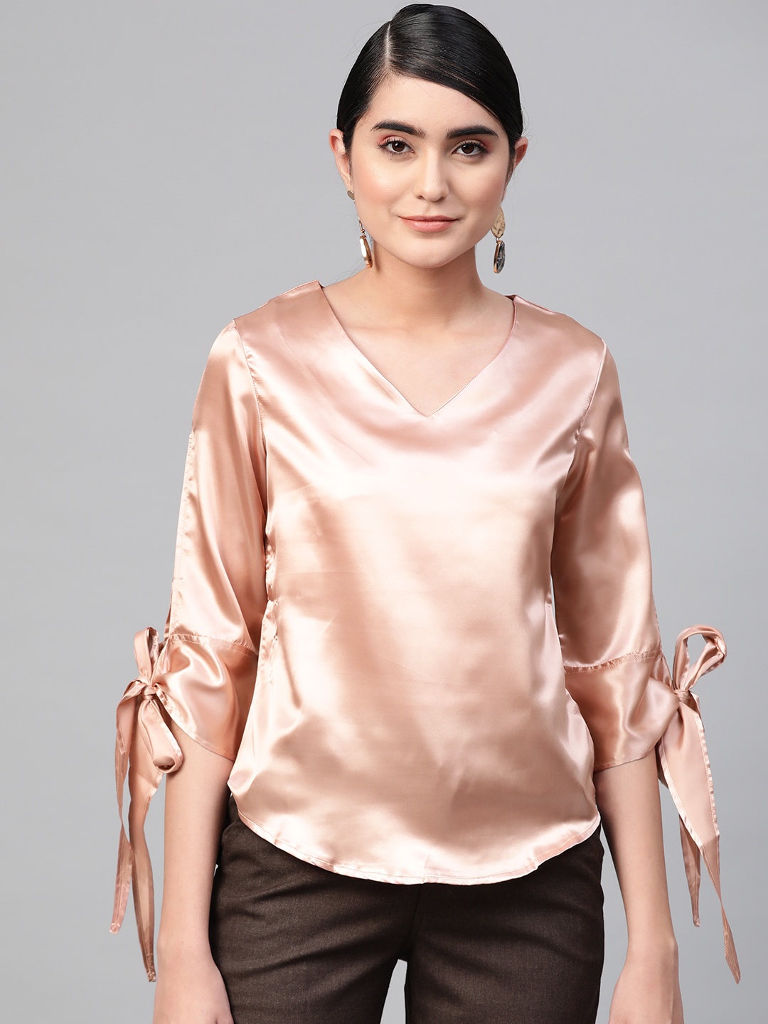 

RUNWAYIN Women Peach-Coloured Satin Finish Solid Top
