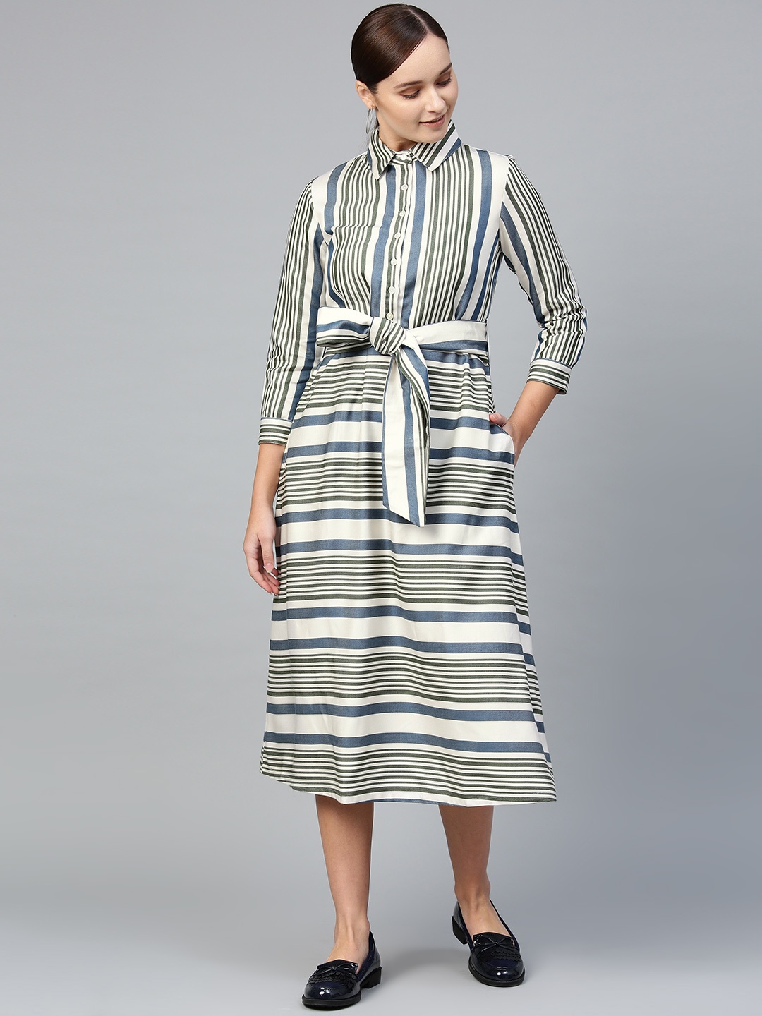 

RUNWAYIN Women Off-White & Green Striped Shirt Dress