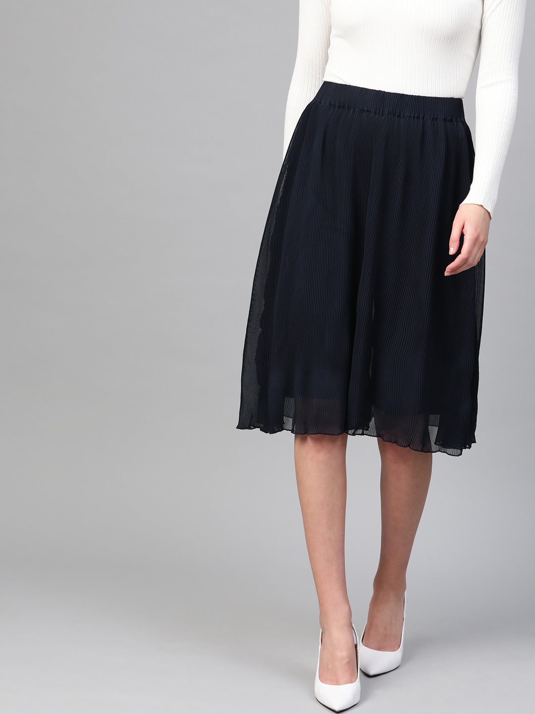 

RUNWAYIN Women Navy Blue Accordion Pleated Flared Skirt with Attached Tights