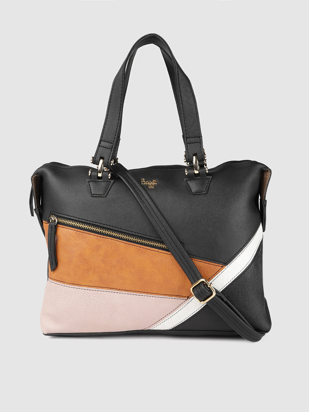 

Baggit Black & Camel Brown Colourblocked Handheld Bag