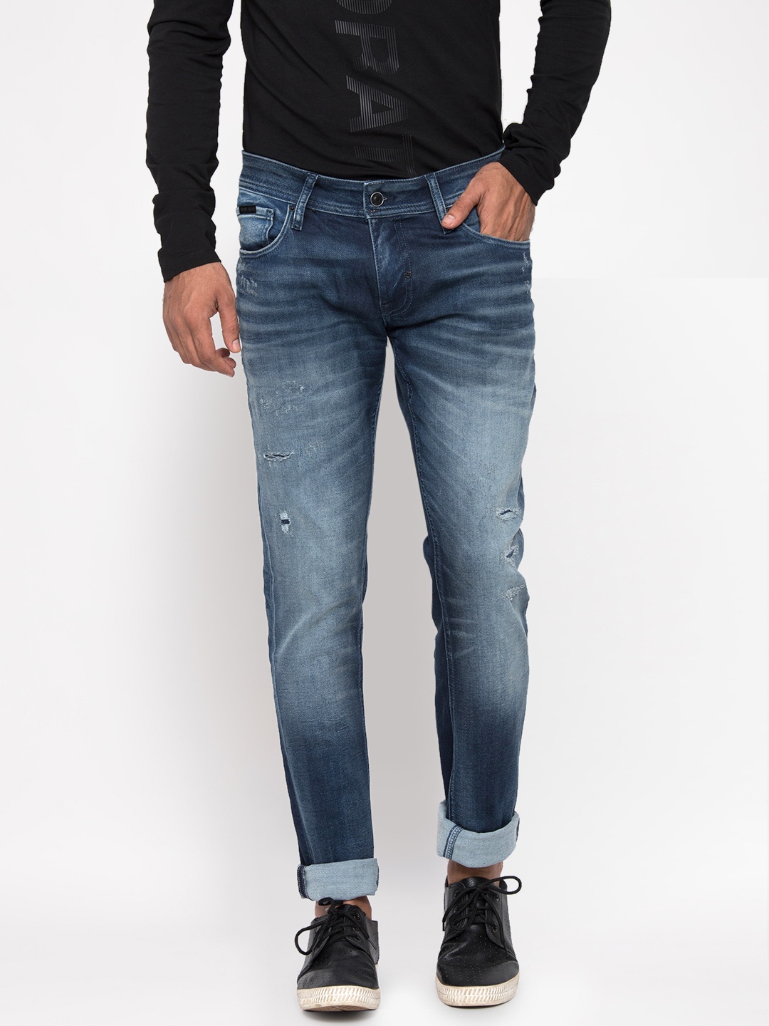 

Antony Morato Men Blue Slim Fit Mid-Rise Low Distress Jeans
