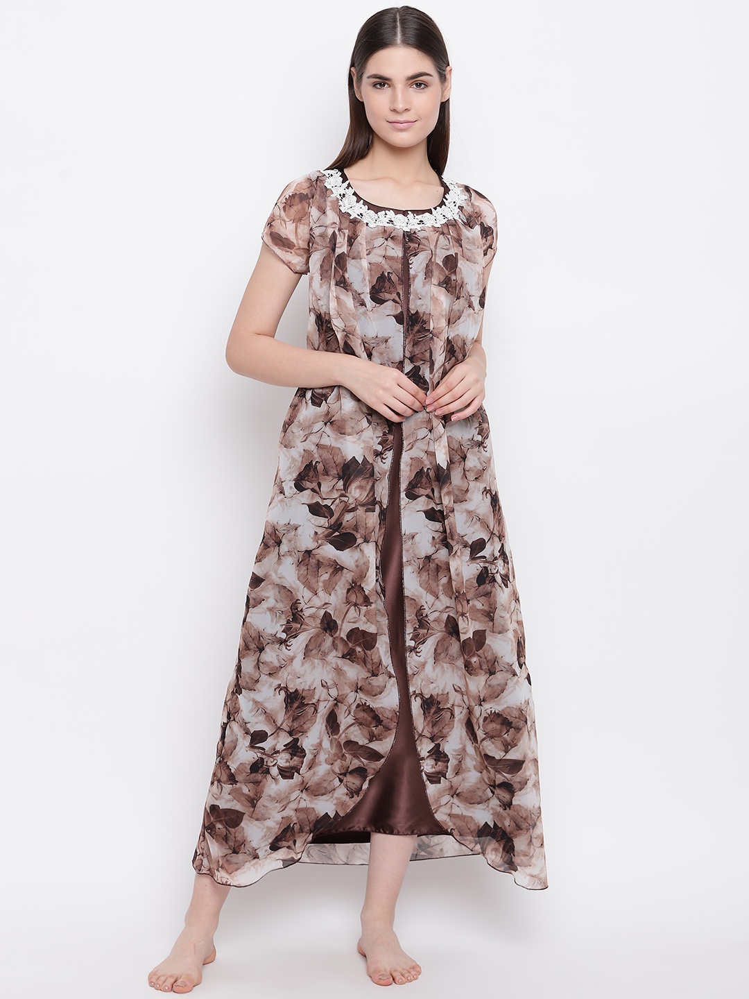 

Sweet Dreams Brown & Off-White Floral Print Satin Finish Layered Maxi Nightdress
