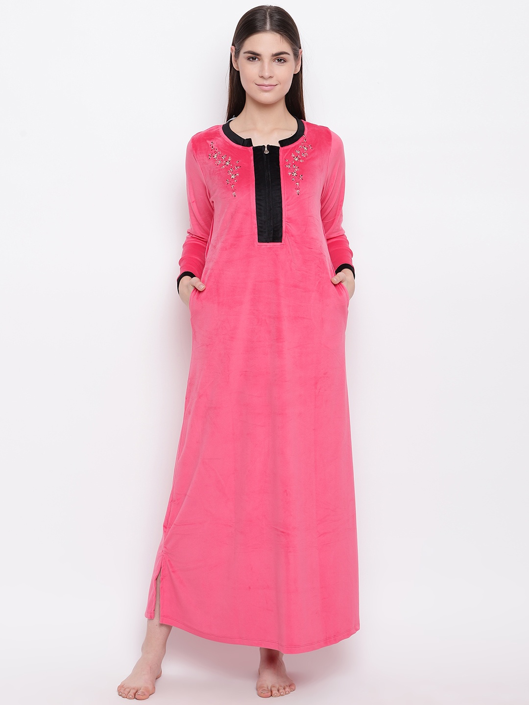 

Sweet Dreams Coral Pink Velvet Finish Solid Maxi Nightdress