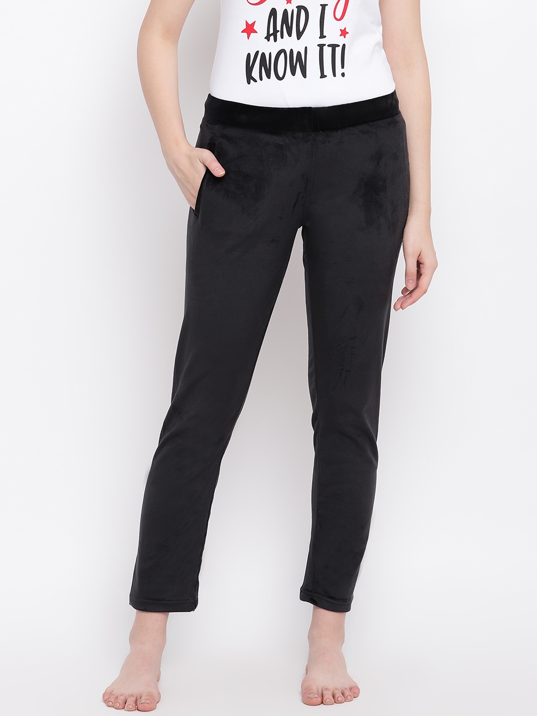 

Sweet Dreams Women Black Solid Velvet Finish Lounge Pants