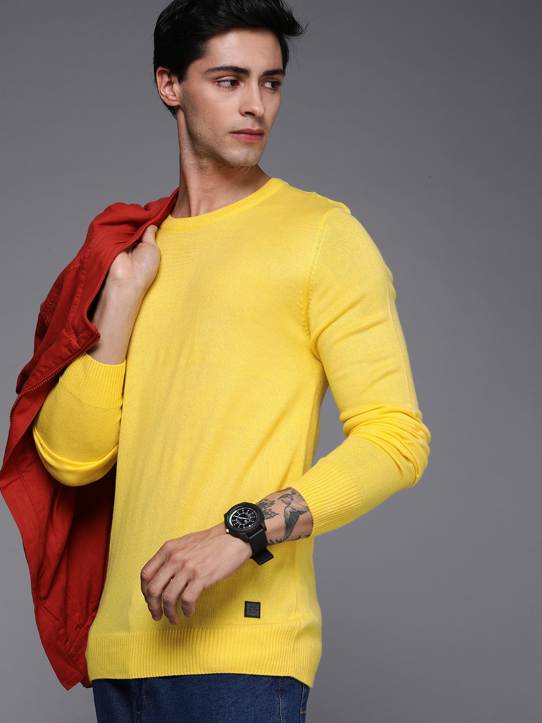 

WROGN Men Yellow Round Neck Acrylic Pullover