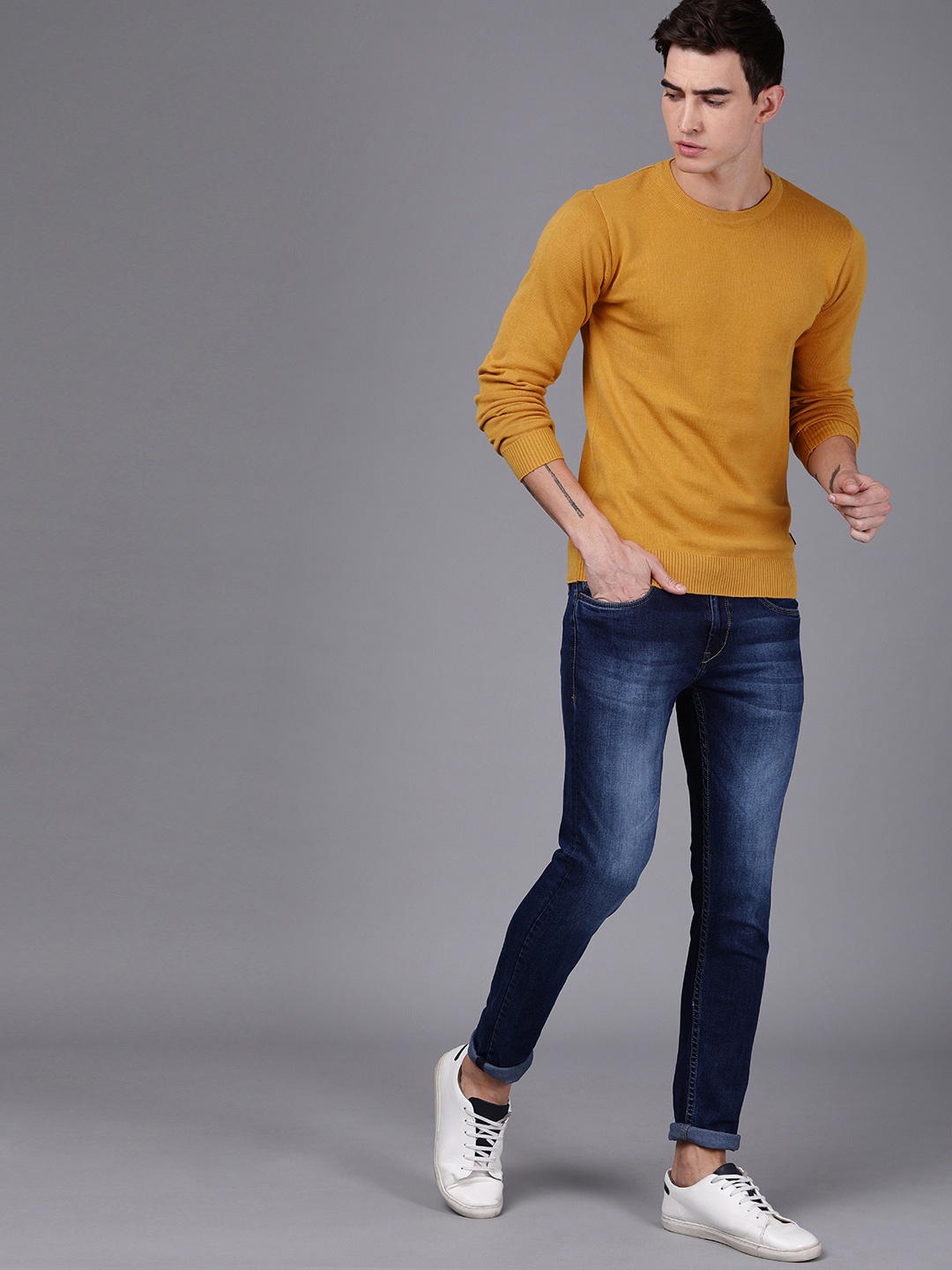 

WROGN Men Mustard Yellow Solid Pullover Sweater