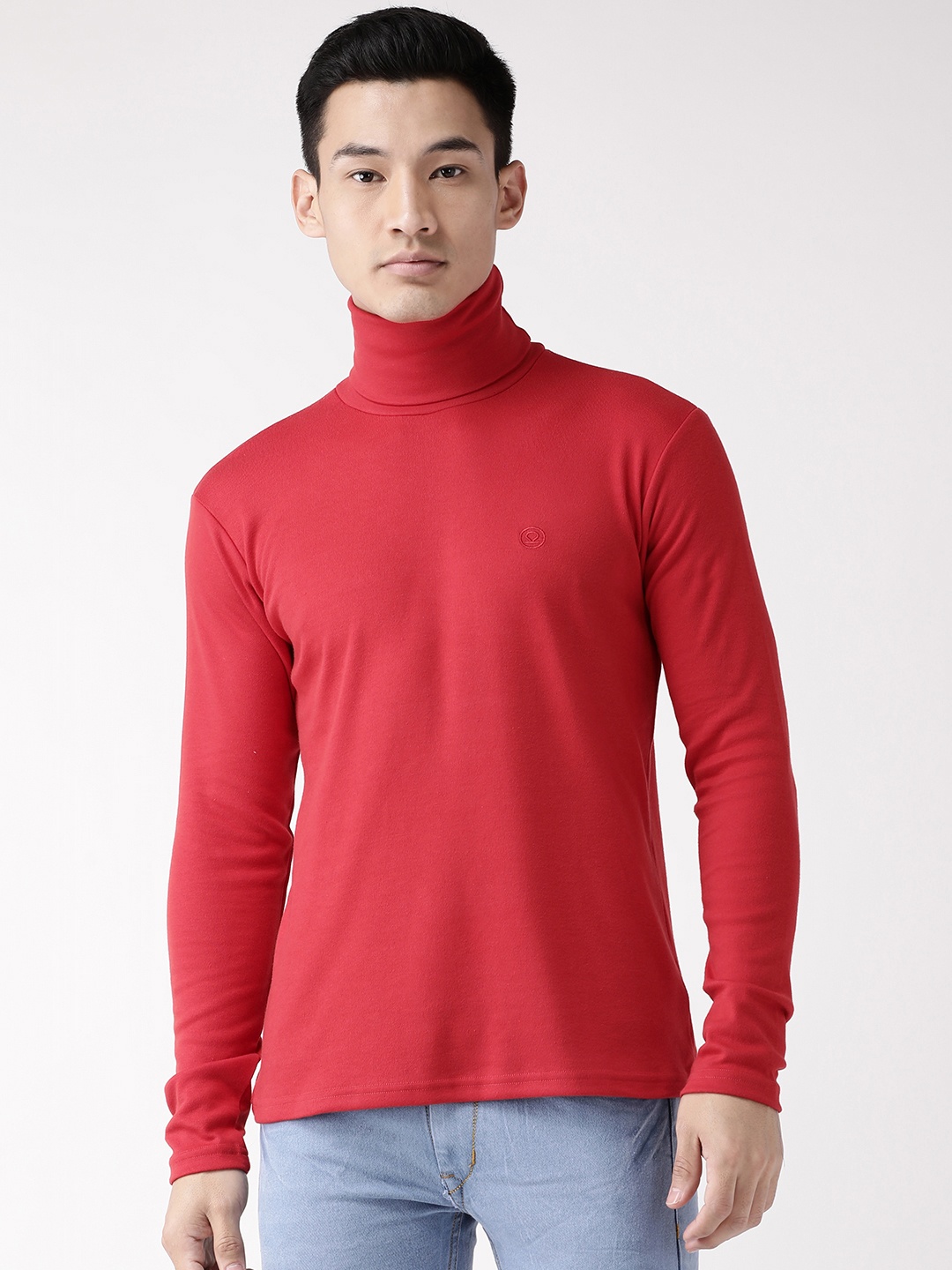 

CHKOKKO Men Red Solid Turtle Neck T-shirt
