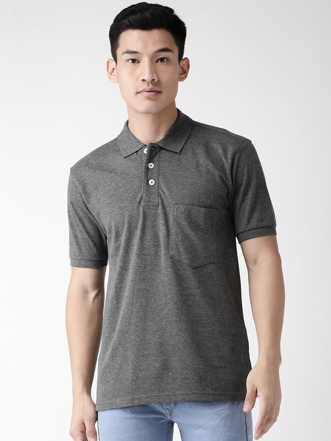 

CHKOKKO Men Charcoal Grey Solid Polo Collar T-shirt