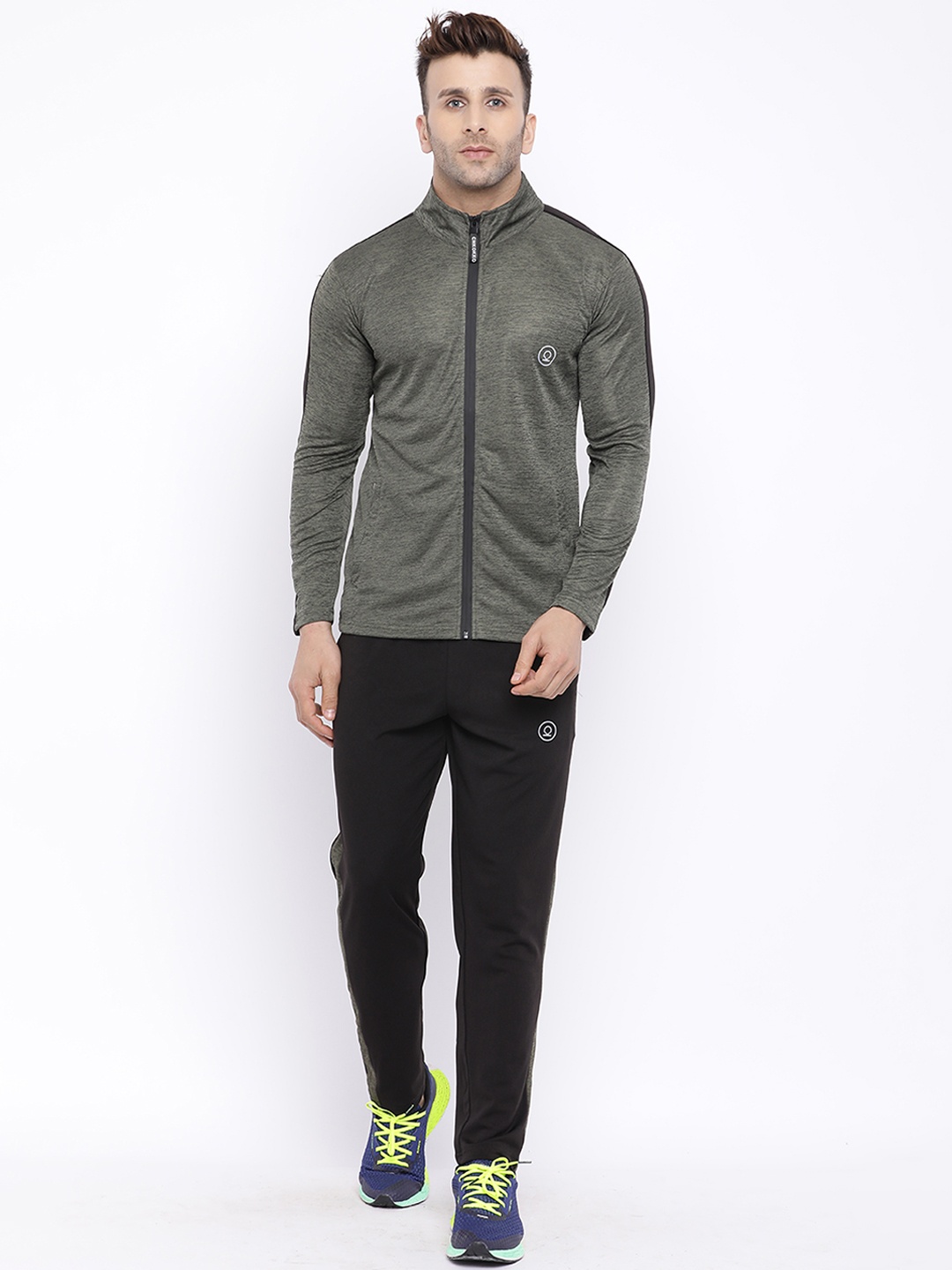 

CHKOKKO Men Grey and Black Solid Tracksuit