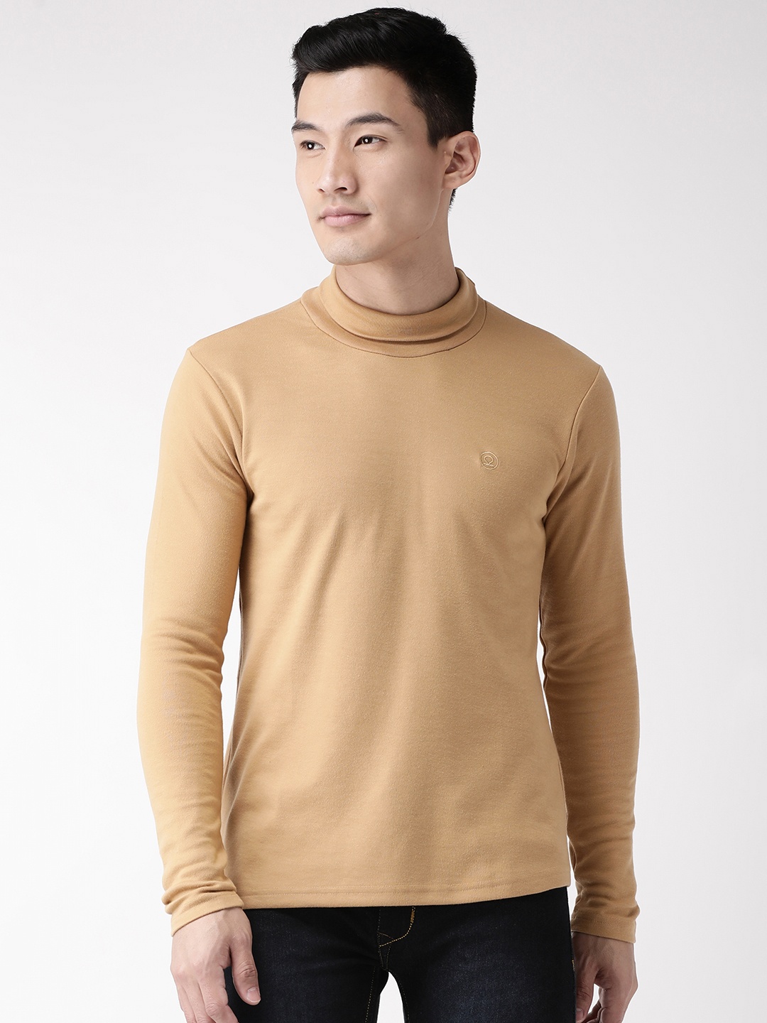 

Chkokko Men Beige Solid High Neck T-shirt