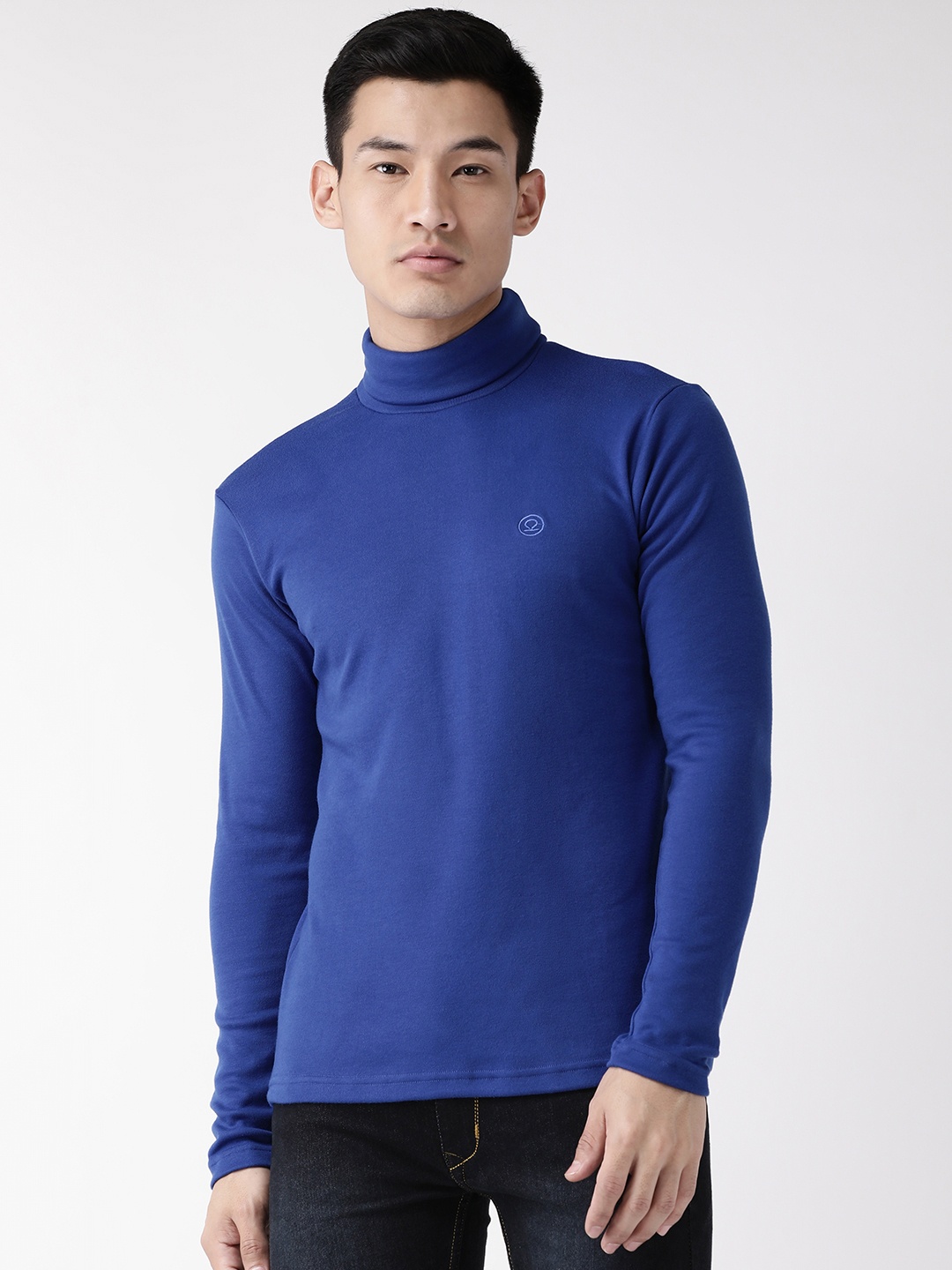

CHKOKKO Men Navy Blue Solid Turtle Neck T-shirt