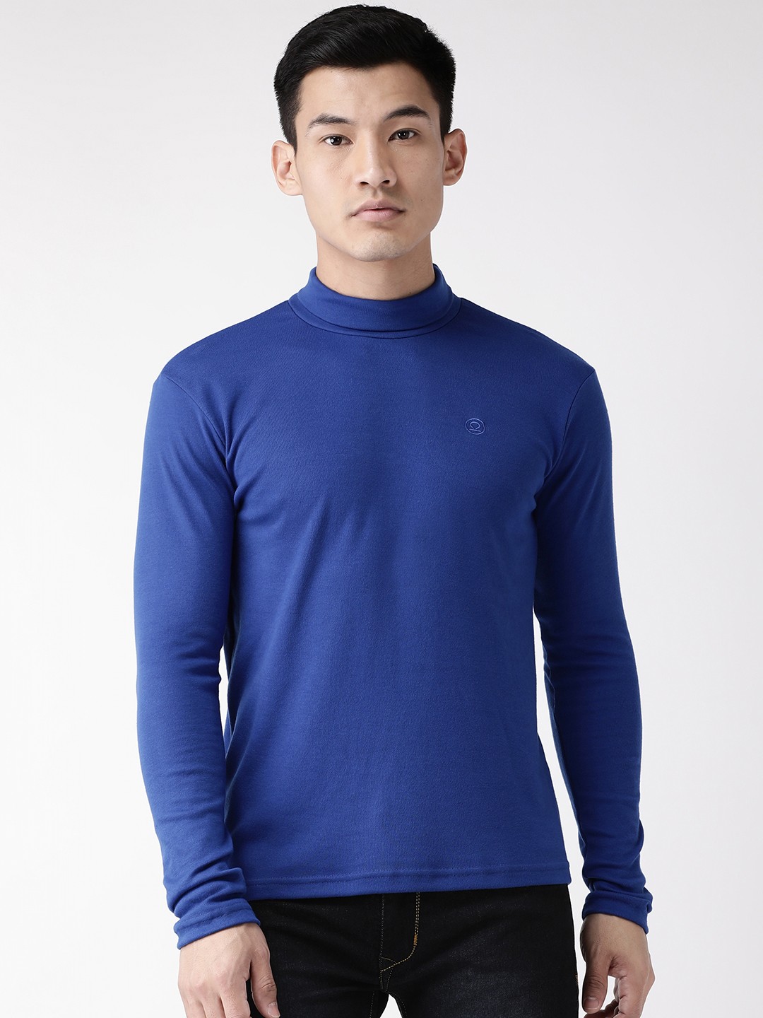 

CHKOKKO Men Blue Solid High Neck T-shirt