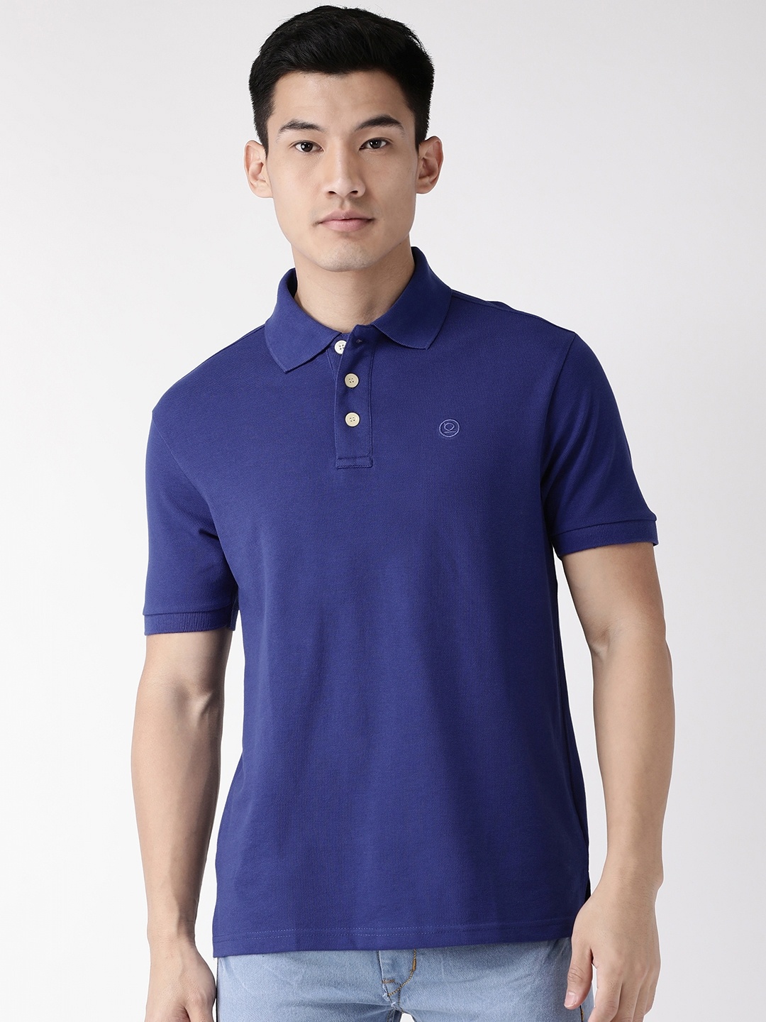 

CHKOKKO Men Navy Blue Solid Polo Collar T-shirt