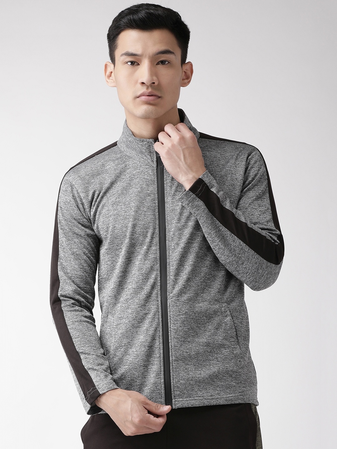 

Chkokko Men Charcoal Grey Slub Effect Gym Sporty Jacket