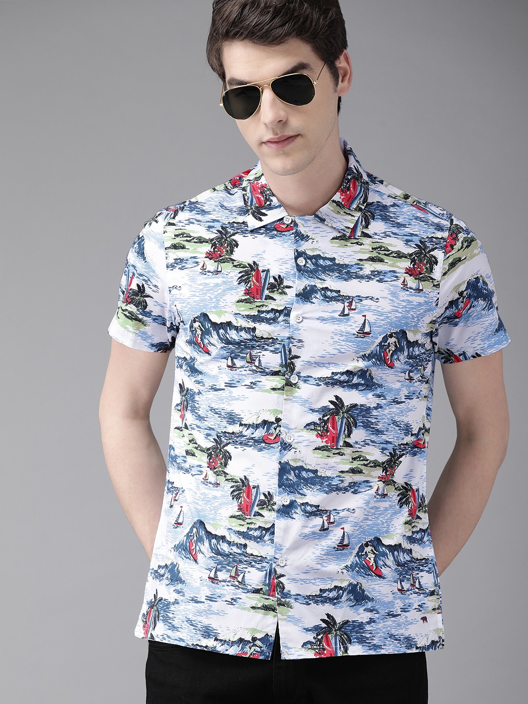 

THE BEAR HOUSE Men White & Blue Slim Fit Tropical Printed Casual Shirt