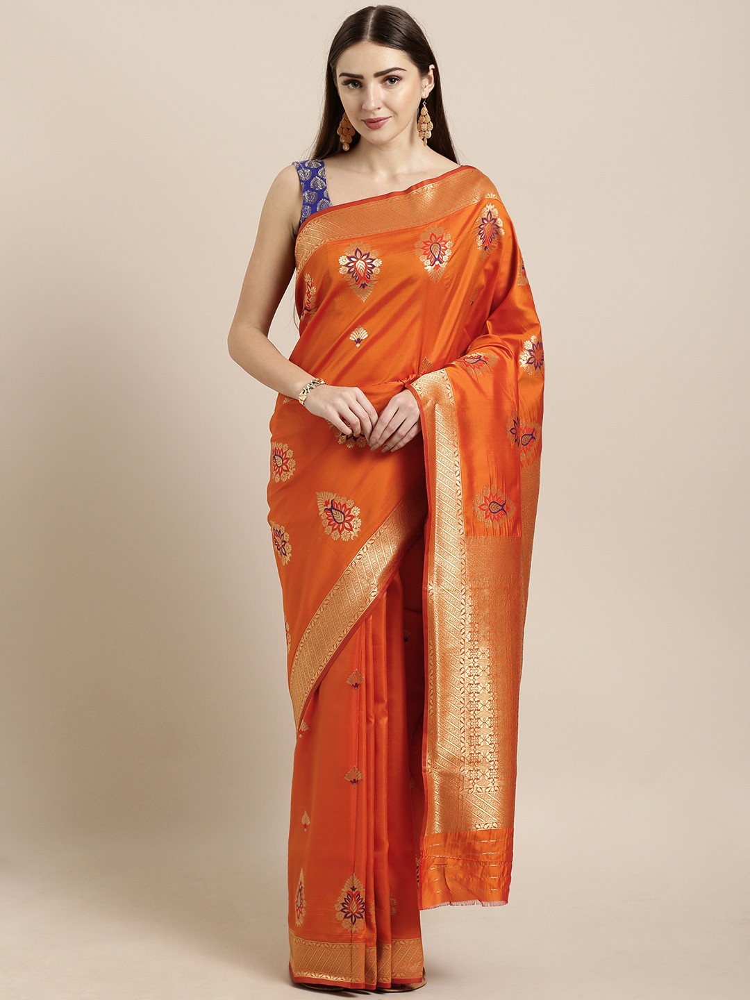 

Mitera Orange Silk Blend Woven Design Kanjeevaram Saree