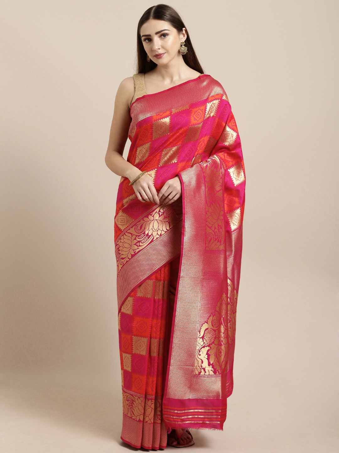 

Mitera Pink & Orange Silk Blend Woven Design Kanjeevaram Saree