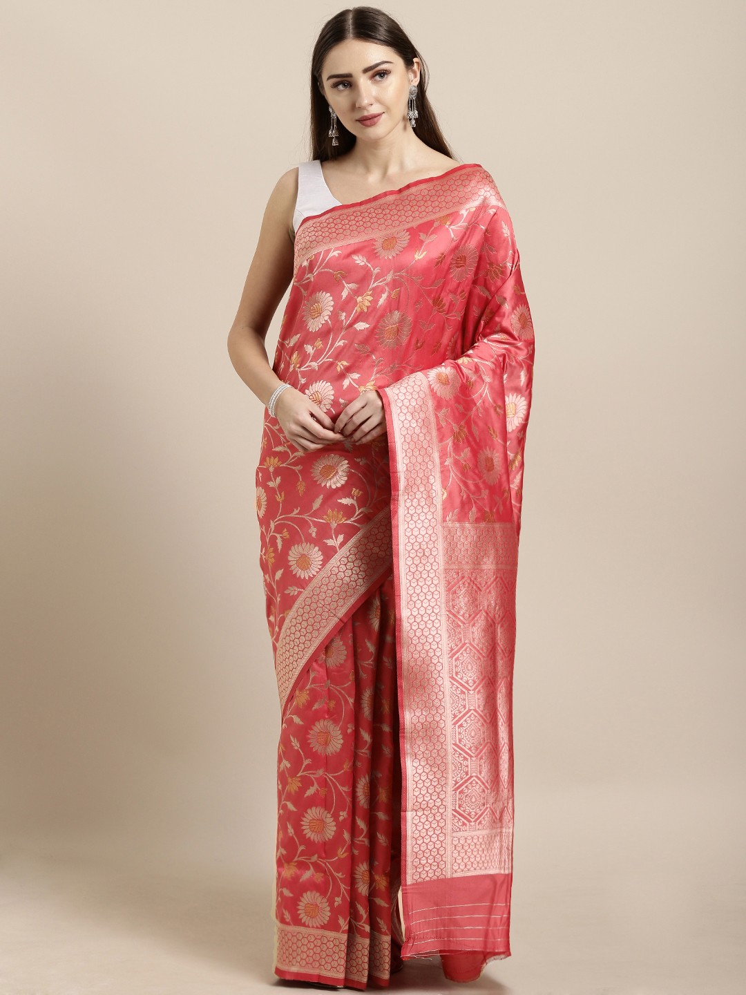 

Mitera Pink Silk Blend Woven Design Kanjeevaram Saree