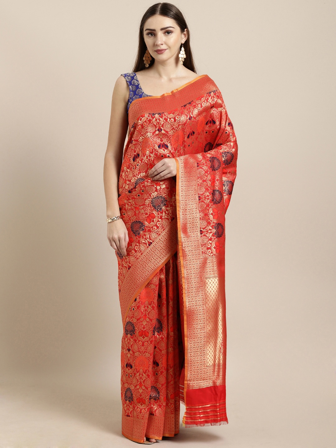 

Mitera Red & Golden Silk Blend Woven Design Kanjeevaram Saree