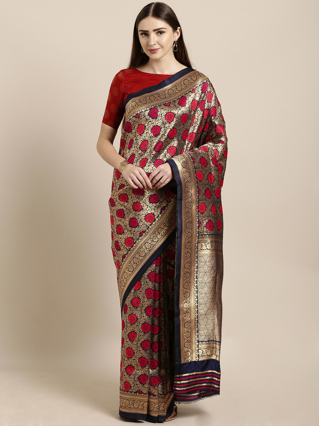 

Mitera Navy Blue & Red Silk Blend Woven Design Kanjeevaram Saree