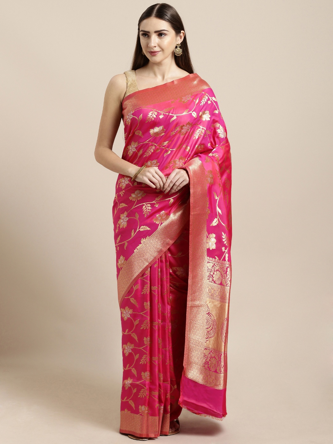 

Mitera Pink & Gold-Toned Silk Blend Woven Design Banarasi Saree