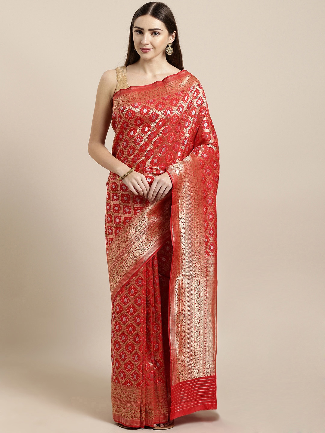 

Mitera Red & Golden Silk Blend Woven Design Kanjeevaram Saree