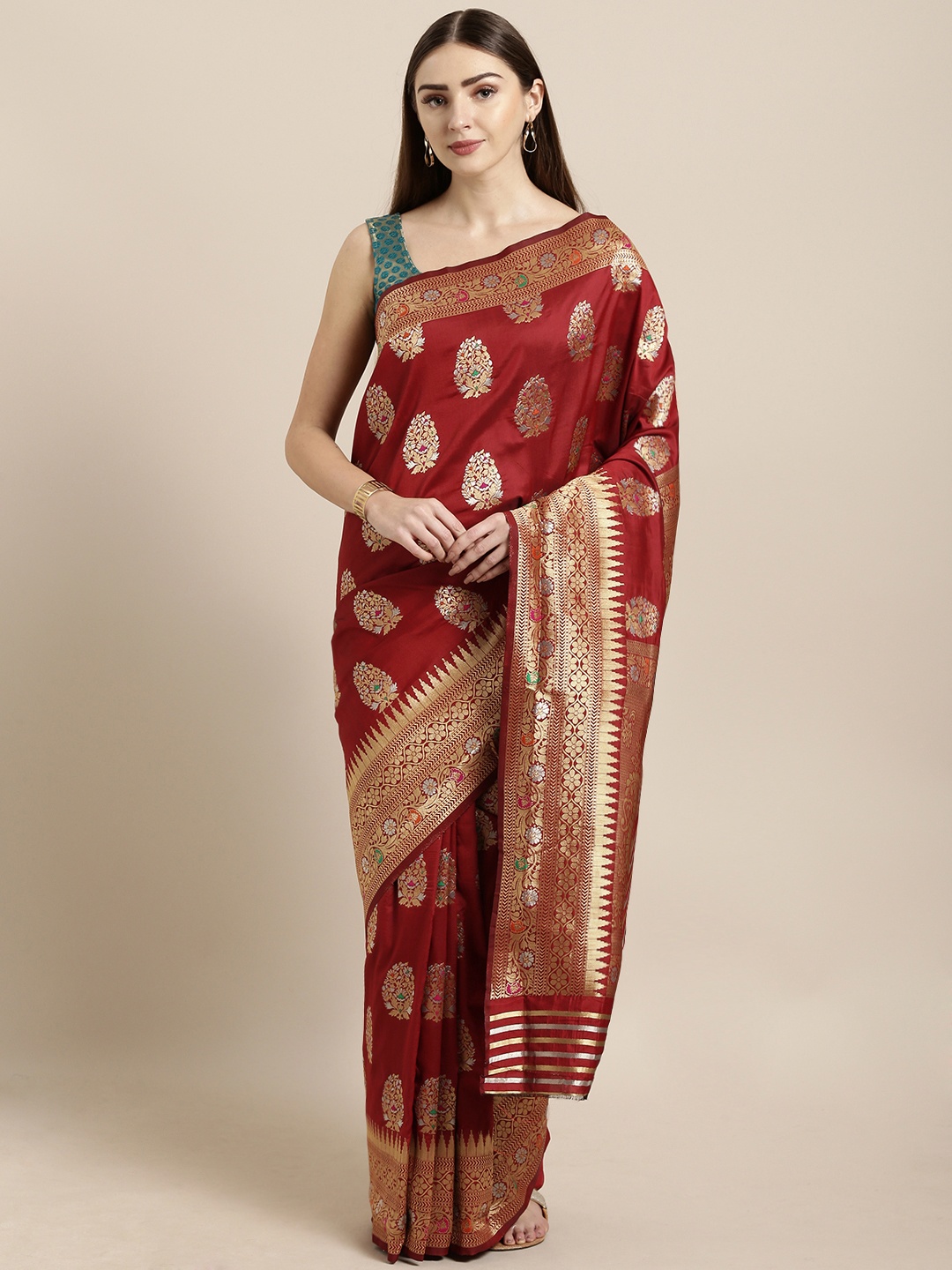 

Mitera Maroon Silk Blend Woven Design Kanjeevaram Saree