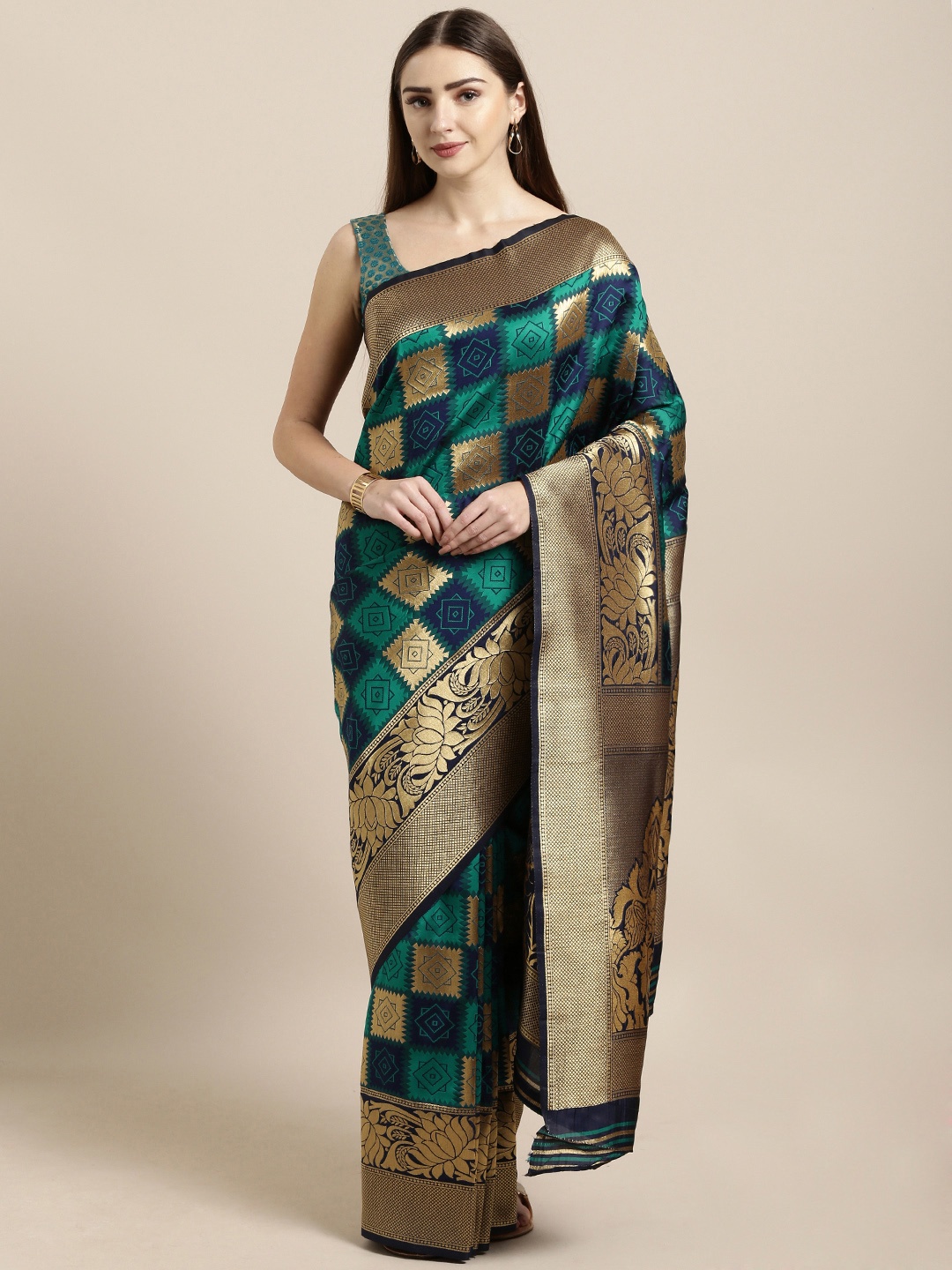 

Mitera Navy Blue & Teal Green Silk Blend Checked Kanjeevaram Saree