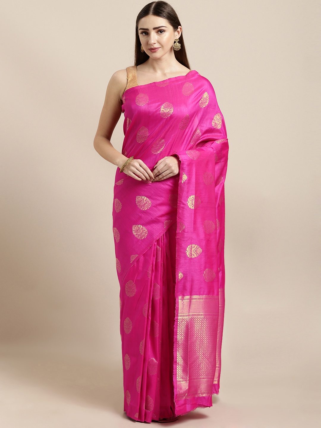 

Mitera Pink Silk Blend Woven Design Kanjeevaram Saree