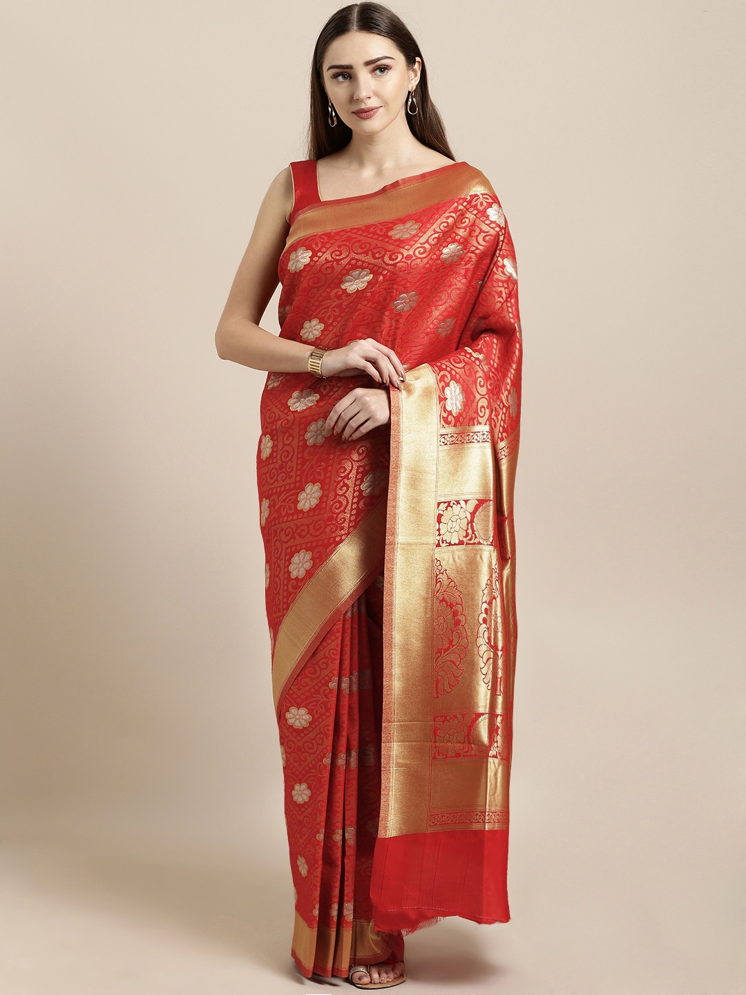 

Mitera Red Silk Blend Woven Design Kanjeevaram Saree