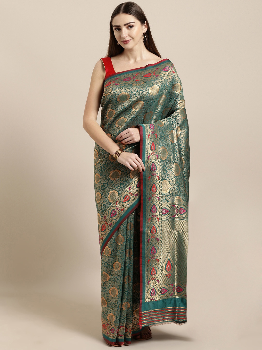 

Mitera Teal Blue & Golden Silk Blend Woven Design Kanjeevaram Saree