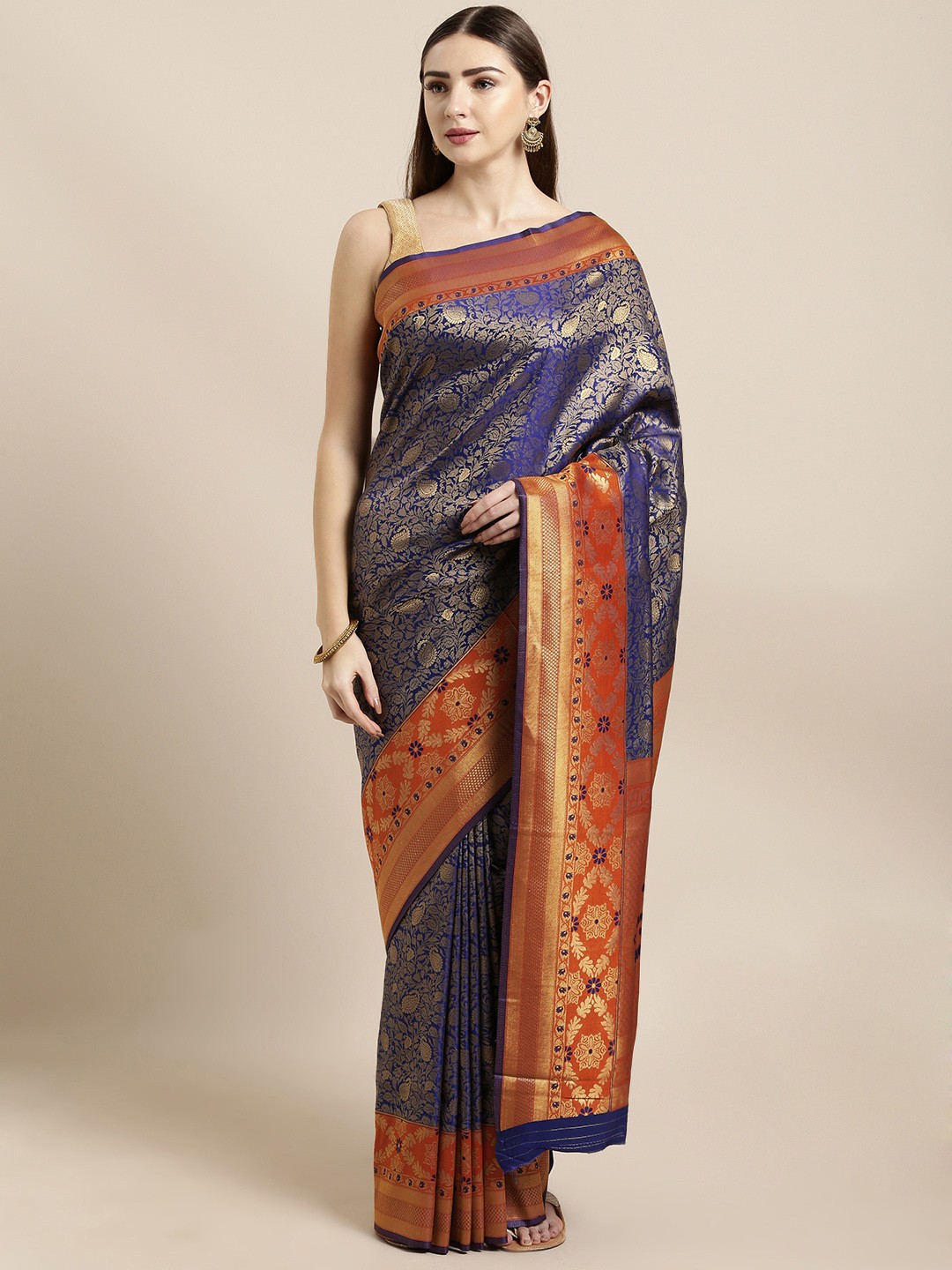 

Mitera Navy Blue Silk Blend Woven Design Kanjeevaram Saree