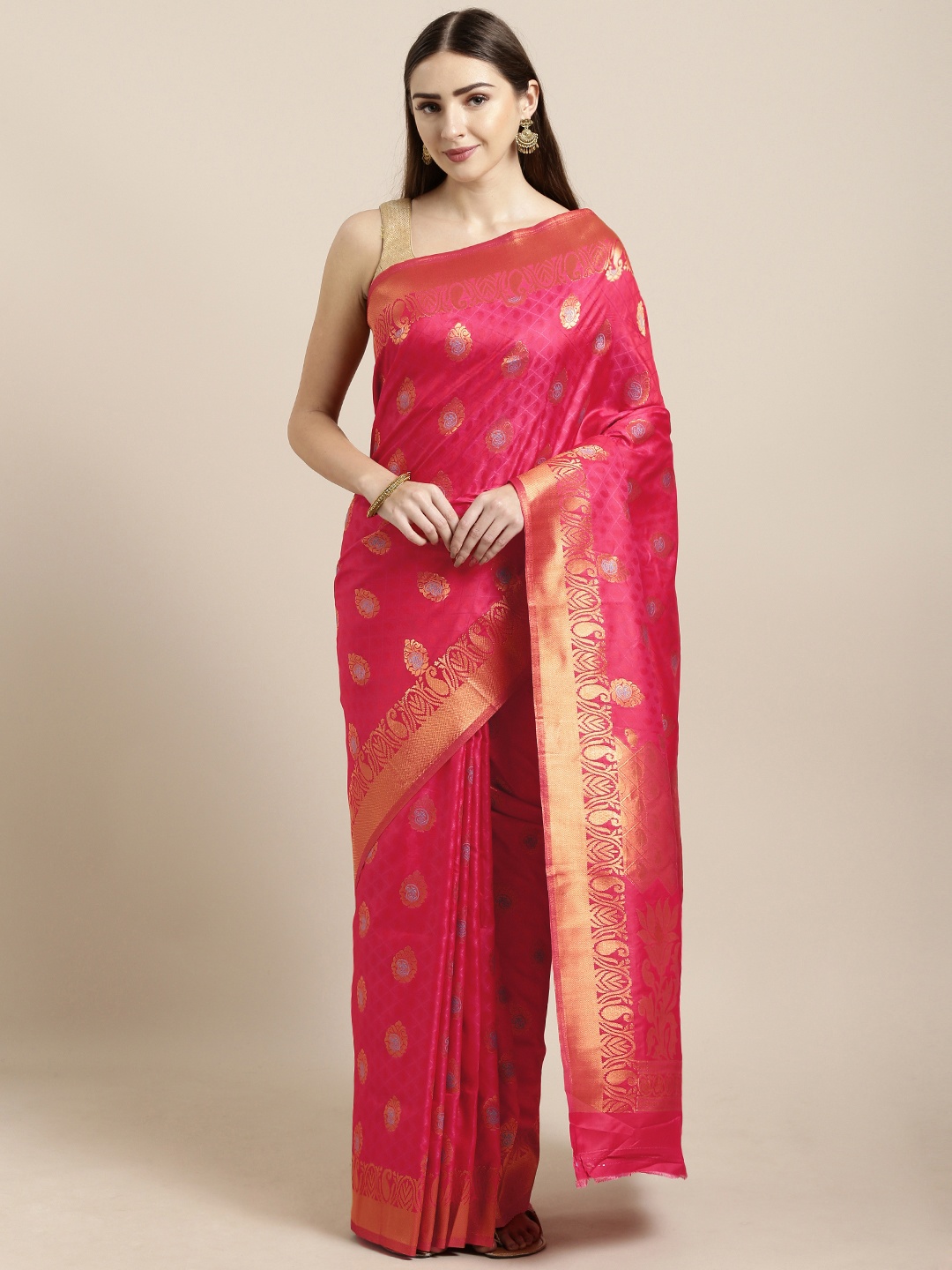 

Mitera Pink Silk Blend Woven Design Kanjeevaram Saree