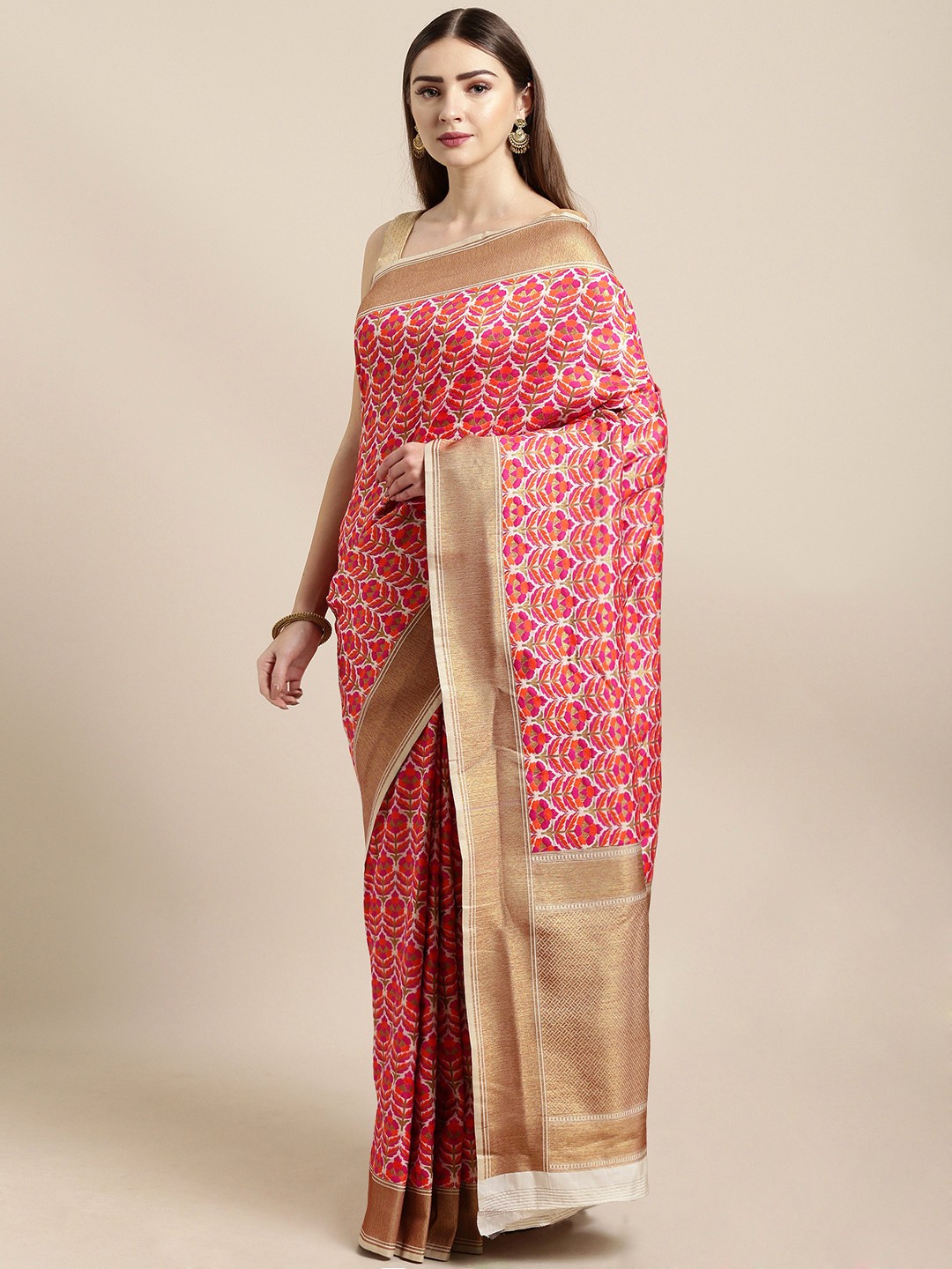 

Mitera White Silk Blend Woven Design Kanjeevaram Saree, Pink