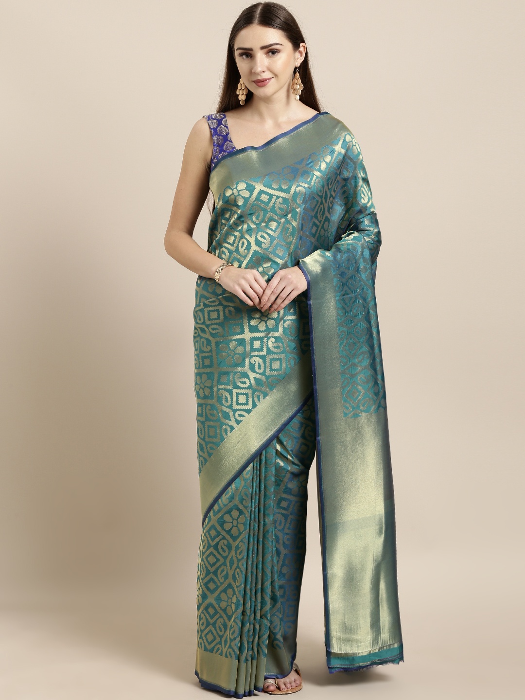 

Mitera Teal Blue Silk Blend Woven Design Kanjeevaram Saree