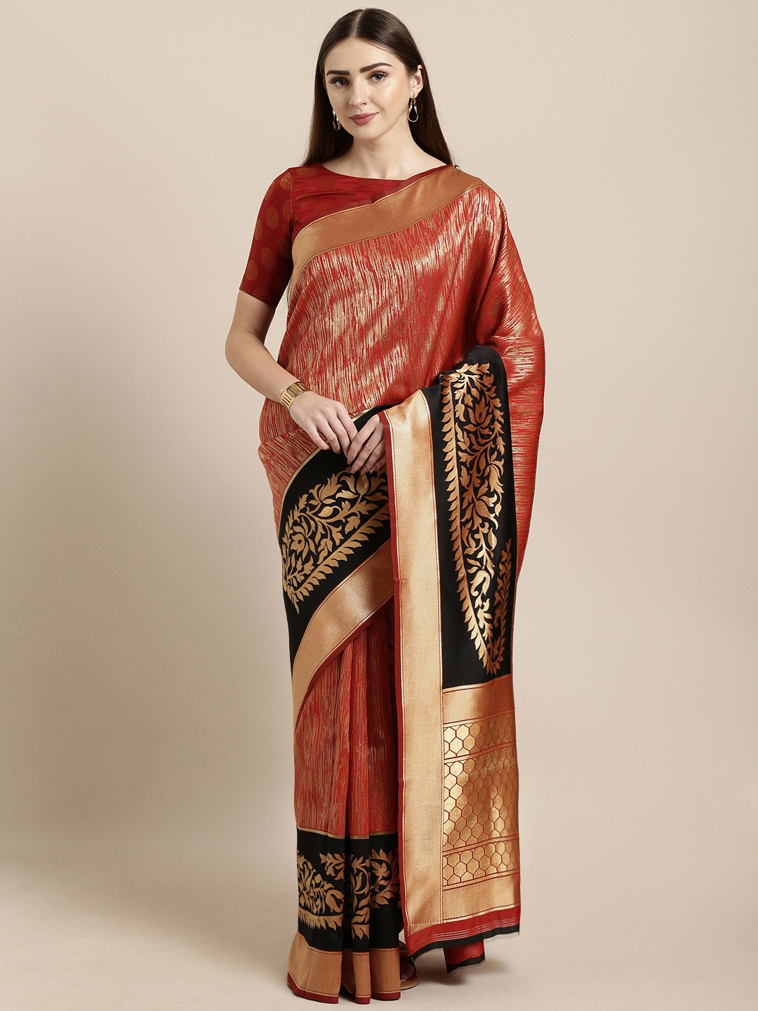 

Mitera Red & Gold-Toned Silk Blend Woven Design Kanjeevaram Saree