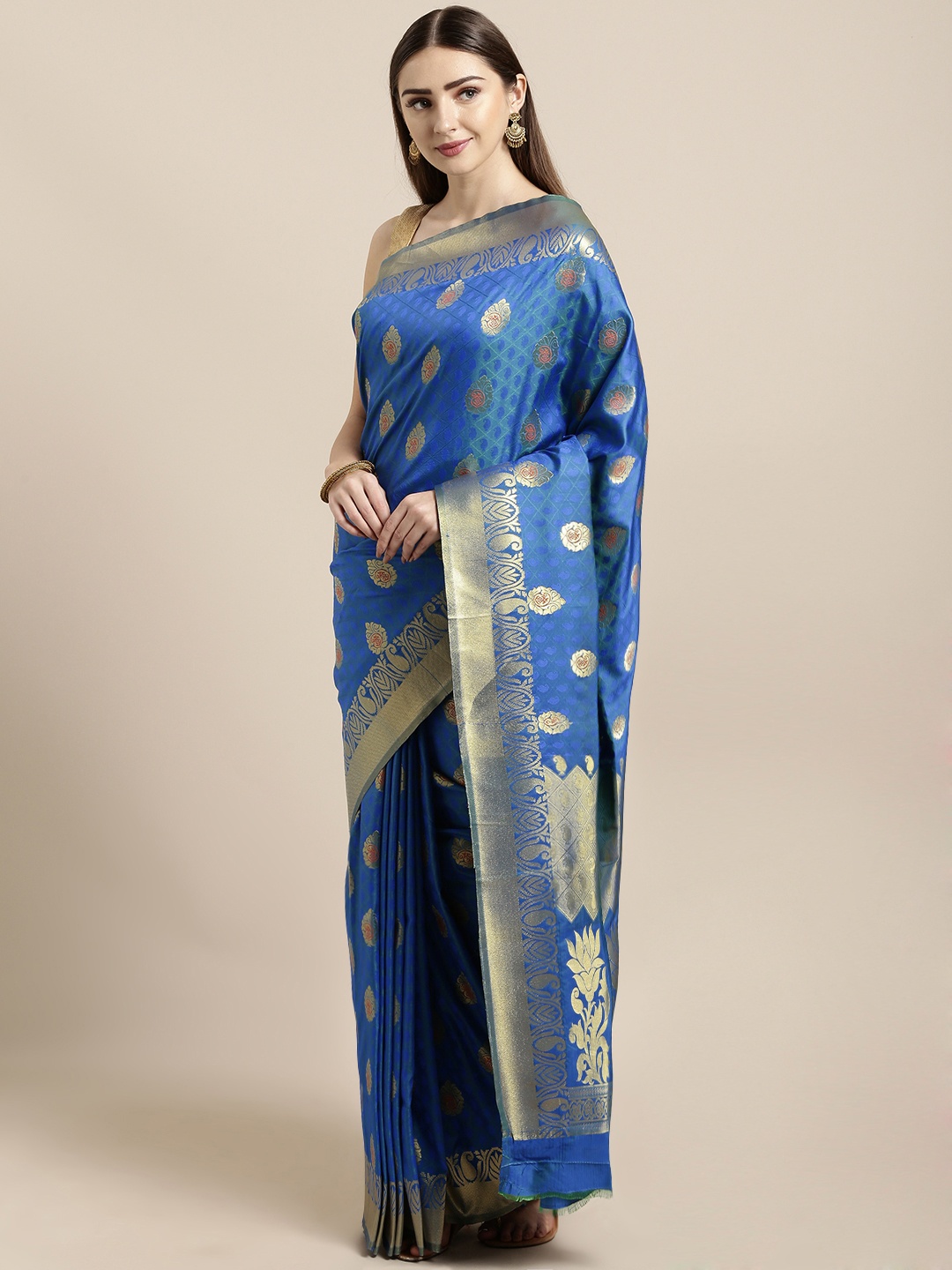 

Mitera Blue & Golden Silk Blend Woven Design Kanjeevaram Saree