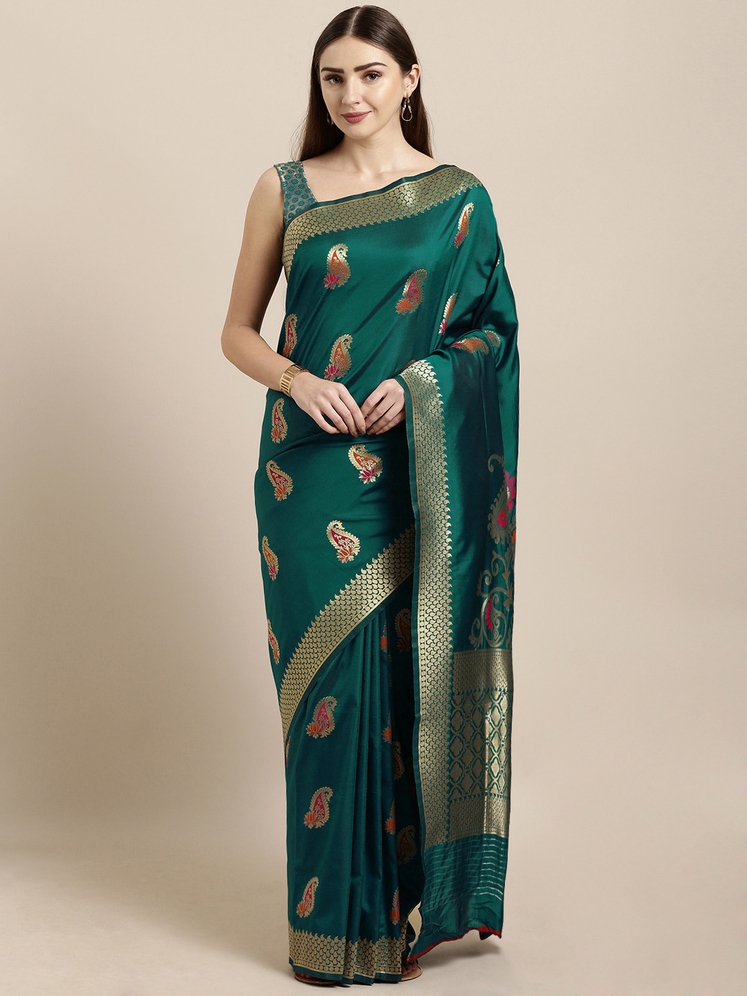 

Mitera Teal & Golden Silk Blend Woven Design Kanjeevaram Saree