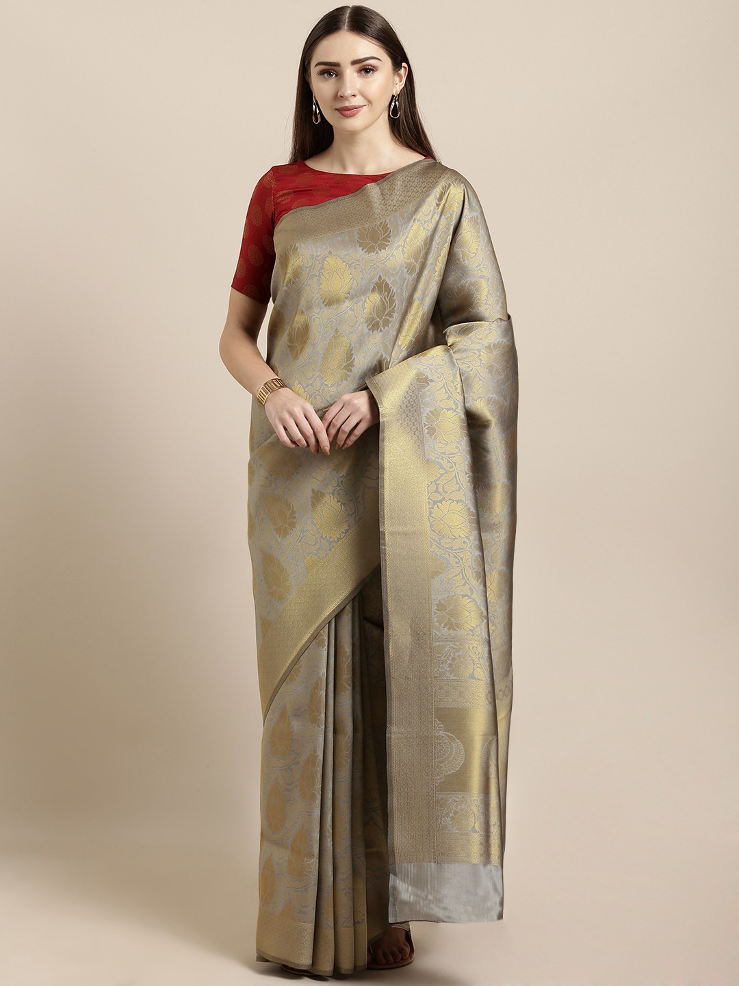 

Mitera Grey & Gold-Toned Silk Blend Woven Design Banarasi Saree