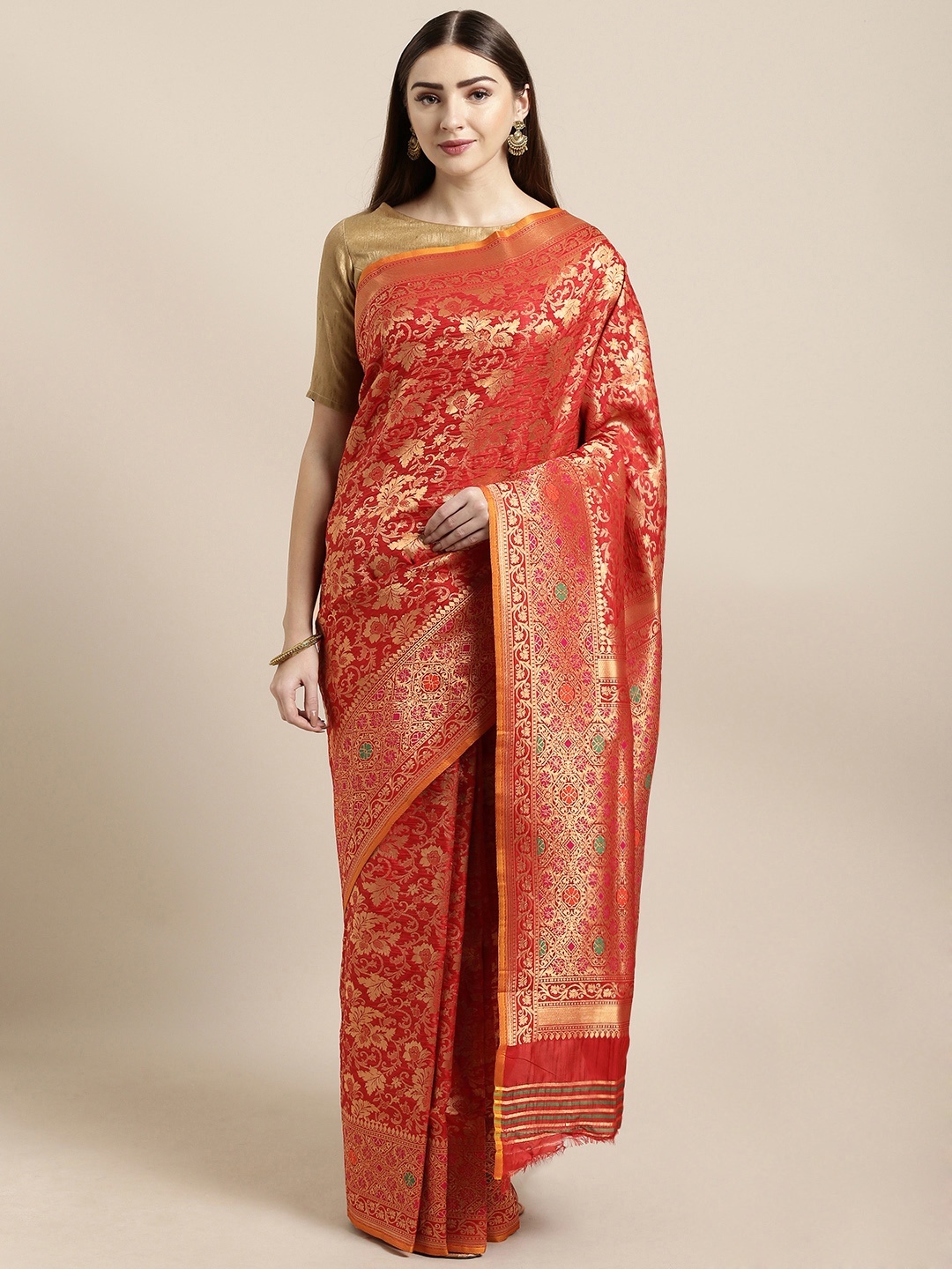 

Mitera Red & Golden Silk Blend Woven Design Kanjeevaram Saree