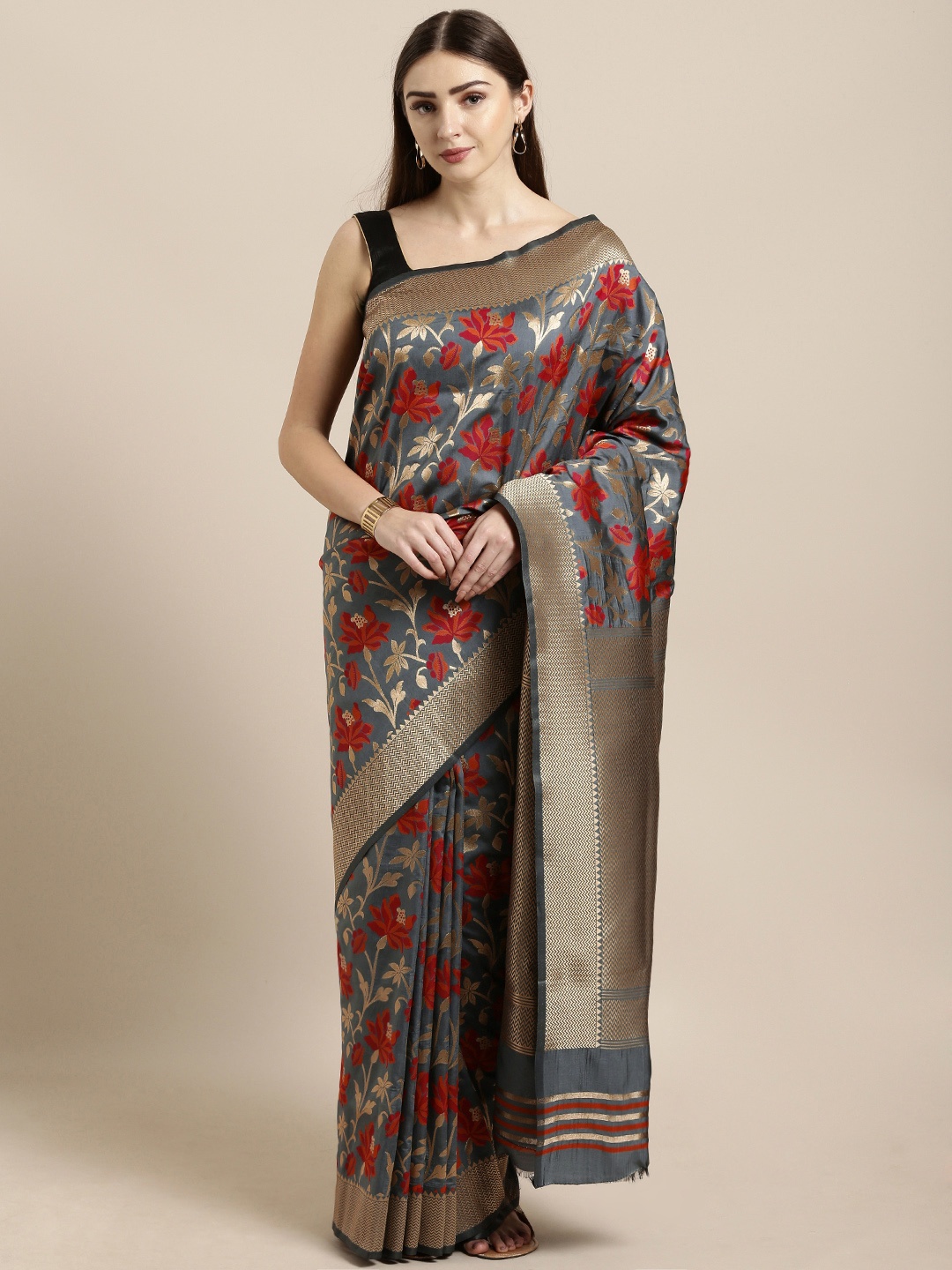

Mitera Grey & Red Silk Blend Woven Design Kanjeevaram Saree