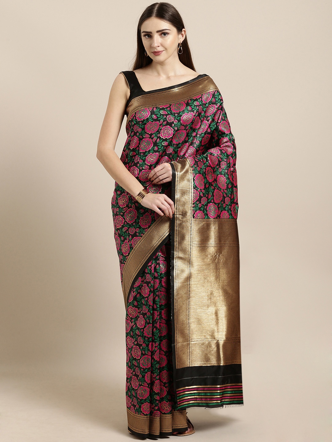 

Mitera Black & Pink Silk Blend Woven Design Kanjeevaram Saree