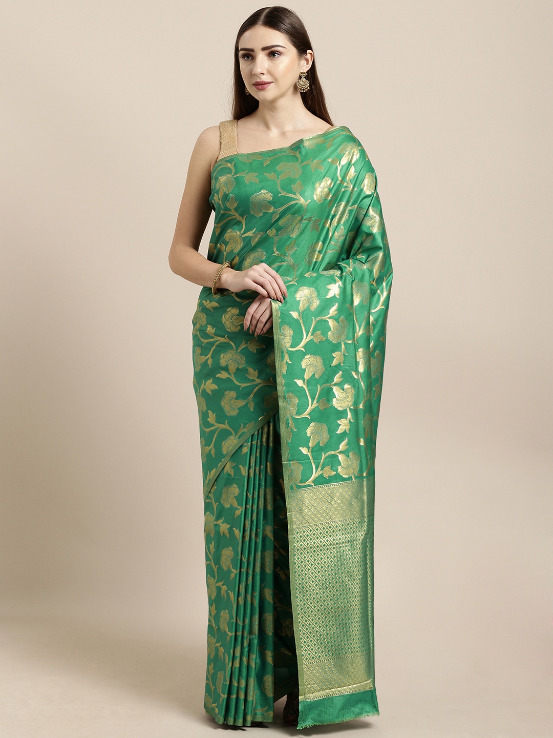 

Mitera Green Silk Blend Woven Design Kanjeevaram Saree