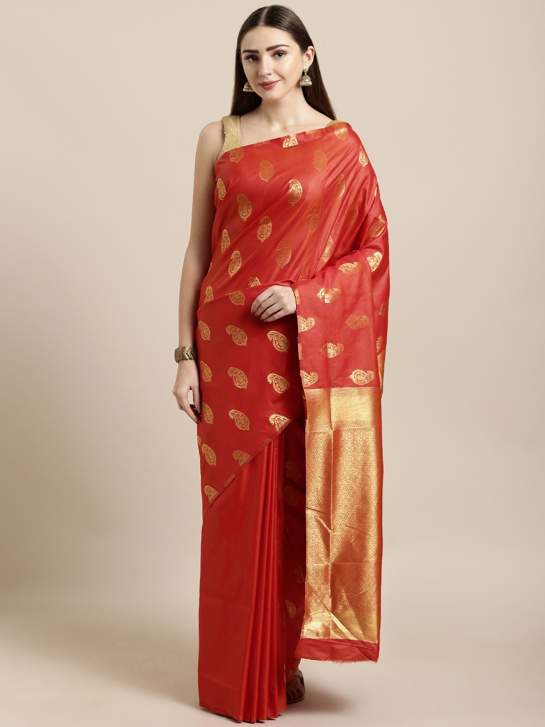 

Mitera Orange Silk Blend Woven Design Kanjeevaram Half & Half Saree