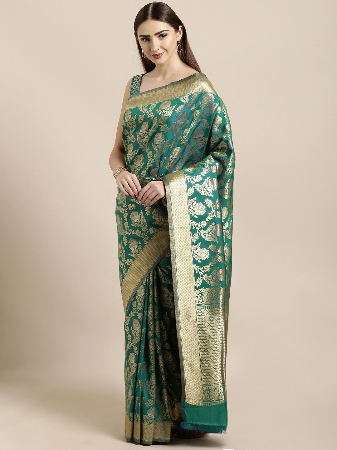 

Mitera Teal Green & Gold-Toned Silk Blend Woven Design Kanjeevaram Saree