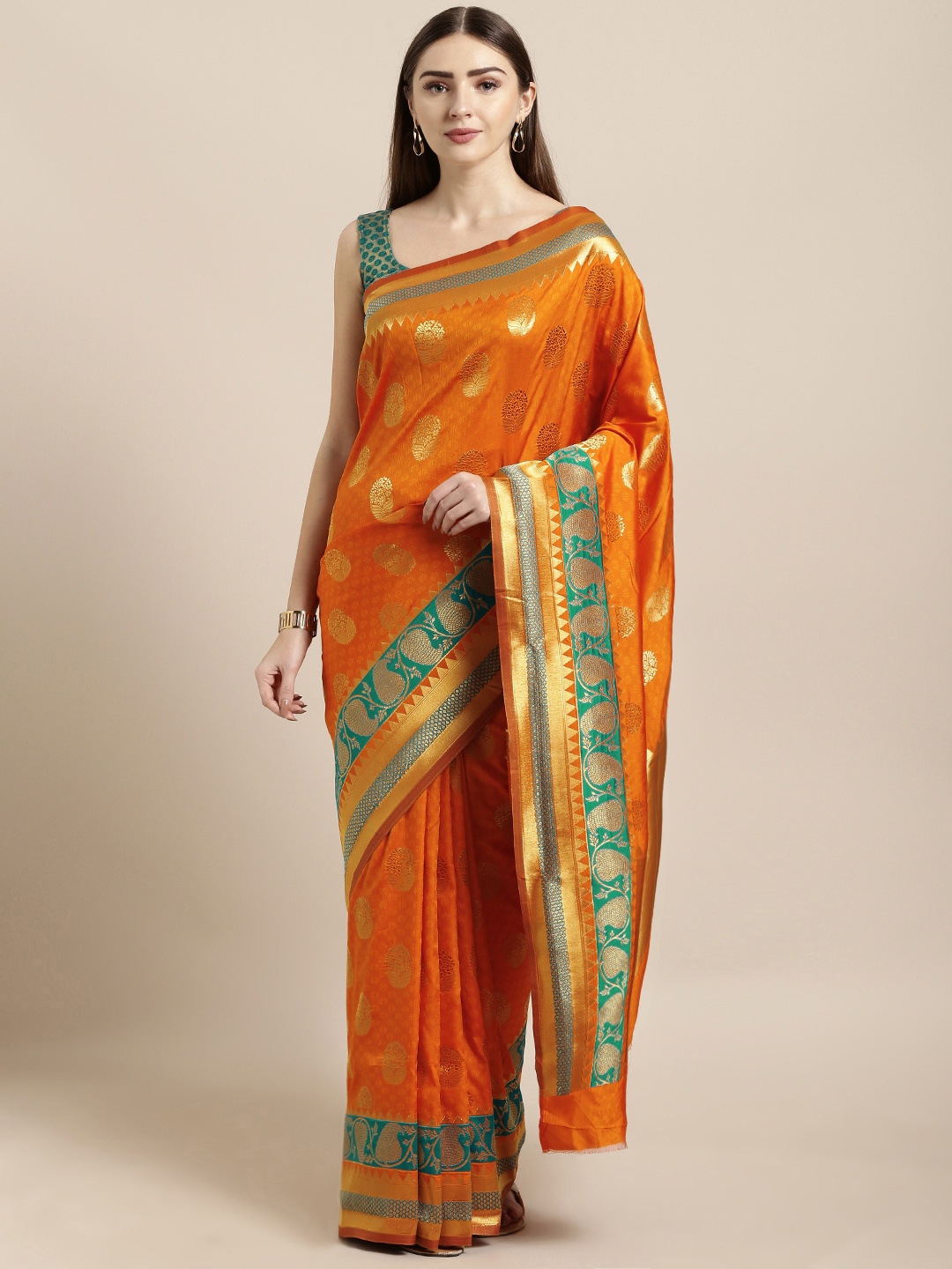 

Mitera Orange Silk Blend Woven Design Kanjeevaram Saree